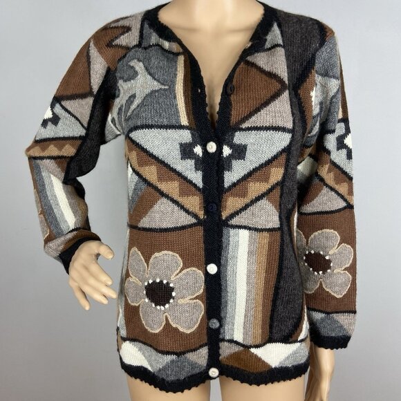 Vtg La Vicunita Baby Alpaca Cardigan Sweater Sz M Flower Leaf Neutrals - Picture 1 of 8
